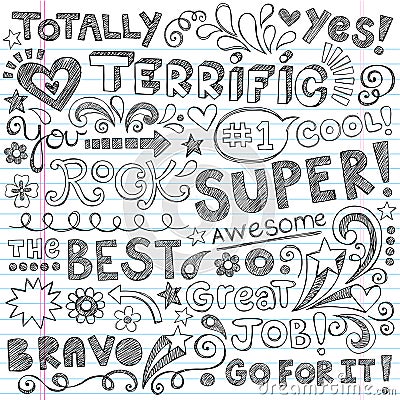 Terrific Work Praise Phrases Sketchy Doodle Encour Vector Illustration