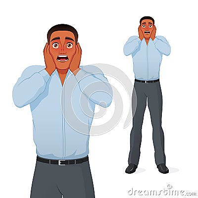 Terrified black businessman holding his head in panic. Cartoon vector character. Vector Illustration