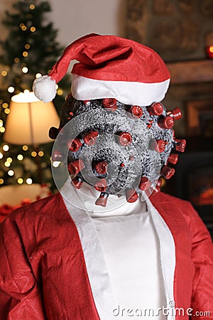 Terrifying Santa clause with spooky virus face Stock Photo