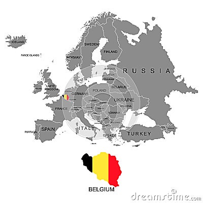 Territory of Europe continent. Belgium. Separate countries with flags. List of countries in Europe. White background. Vector illus Vector Illustration