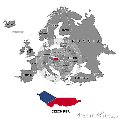 Territory of Europe continent. The Czech Republic. Separate countries with flags. List of countries in Europe. White background. V Vector Illustration