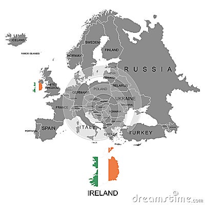 Territory of Europe continent. Ireland. Separate countries with flags. List of countries in Europe. White background. Vector illus Vector Illustration