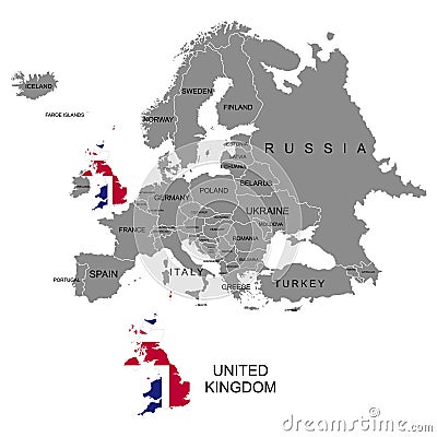 Territory of Europe continent. United Kingdom. England. Separate countries with flags. List of countries in Europe. White backgrou Vector Illustration