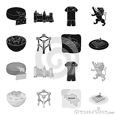 Territory on the map, brussels sprouts and other symbols of the country.Belgium set collection icons in black,monochrome Vector Illustration