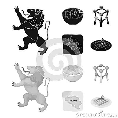 Territory on the map, brussels sprouts and other symbols of the country.Belgium set collection icons in black,monochrome Vector Illustration