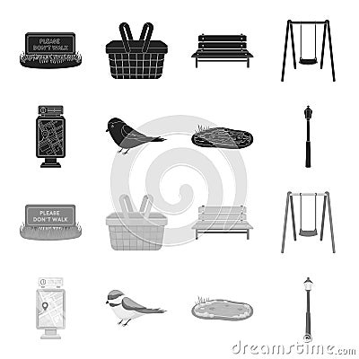 Territory plan, bird, lake, lighting pole. Park set collection icons in black,monochrome style vector symbol stock Vector Illustration