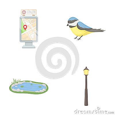 Territory plan, bird, lake, lighting pole. Park set collection icons in cartoon style vector symbol stock illustration Vector Illustration