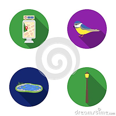 Territory plan, bird, lake, lighting pole. Park set collection icons in flat style vector symbol stock illustration web. Vector Illustration