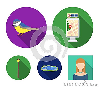 Territory plan, bird, lake, lighting pole. Park set collection icons in flat style vector symbol stock illustration web. Vector Illustration