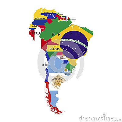 Territory of South America continent. Separate countries with flags. List of countries in South America. White background. Vector Vector Illustration