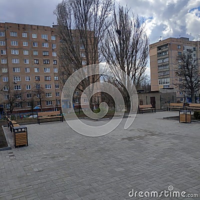 On the territory of the Ukrainian gymnasium in Kramatorsk in the middle of a residential neighborhood Stock Photo