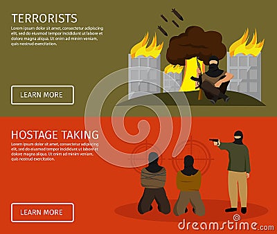 Terrorism Flat Banner Set Vector Illustration
