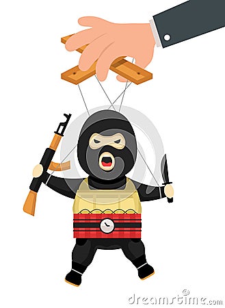 Terrorist puppet with gun, bomb and knife on ropes. Terrorist marionette on ropes controlled. Vector Illustration