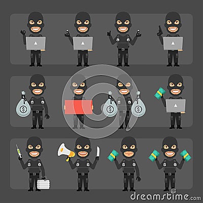 Terrorist saboteur in different poses and emotions Pack 1. Big character set Vector Illustration