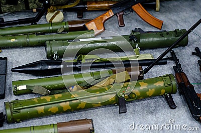 Terrorist weapon cache, grenade launchers, assault rifles and machine guns Stock Photo