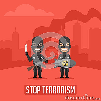 Terrorists in City With Weapons Vector Illustration