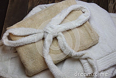 Terry bathrobe and bath slippers Stock Photo