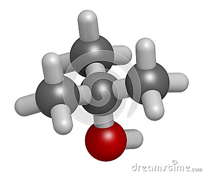 Tert-butyl alcohol tert-butanol solvent molecule. 3D rendering. Atoms are represented as spheres with conventional color coding Stock Photo