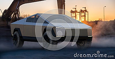 Tesla Cybertruck in an industrial urban landscape Editorial Stock Photo