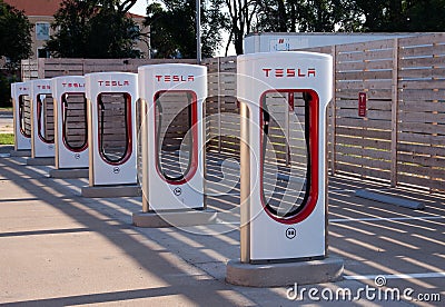 Tesla Electric Car Charging Station Editorial Stock Photo