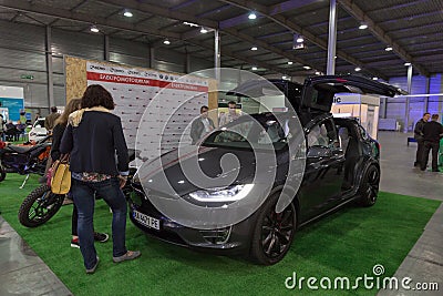 Tesla electric car on Kiev Plug-in Ukraine 2017 Exhibition. Editorial Stock Photo