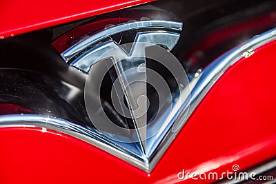 Tesla logo on a Tesla car Editorial Stock Photo