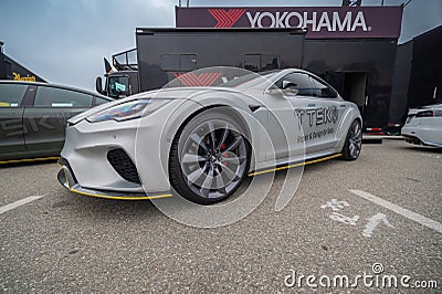 Tesla Model 3 TSK during Electrify Expo, Long Beach Convention Center Editorial Stock Photo