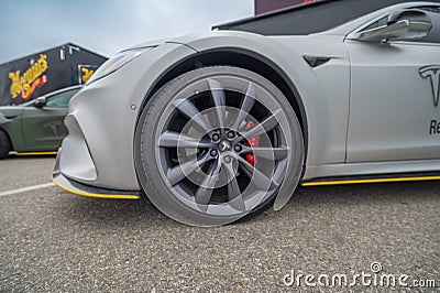 Tesla Model 3 TSK during Electrify Expo, Long Beach Convention Center Editorial Stock Photo