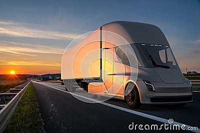 Tesla Semi is an all-electric battery-powered Class 8 semi-truck in development by Tesla na highway Editorial Stock Photo