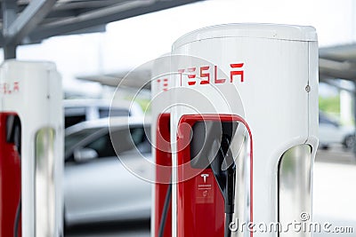 Tesla Supercharger 250 kW dock station for high speed tesla brand ev car batter charge open service in Bangkok,THAILAND, November Editorial Stock Photo