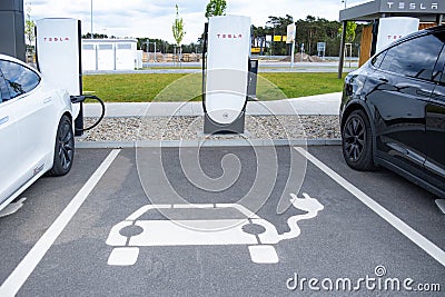 Tesla-Supercharger v4 Lounge Gigafactory Berlin-Brandenburg in Europe, Environmental conservation, sustainable and efficient Editorial Stock Photo