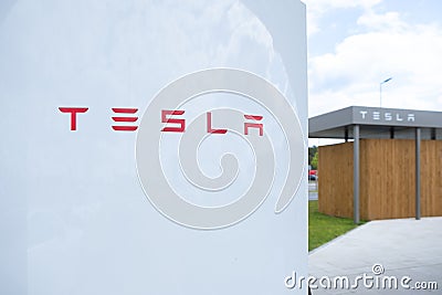 Tesla-Supercharger v4 Lounge Gigafactory Berlin-Brandenburg in Europe, Environmental conservation, sustainable and efficient Editorial Stock Photo
