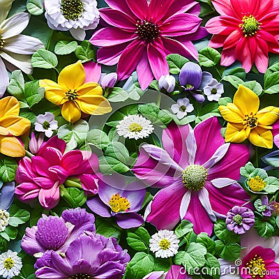 A tessellation of flowers in various sizes and colors, blooming in different directions1, Generative AI Stock Photo