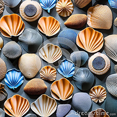 A tessellation of seashells in various sizes and colors, arranged in different directions2, Generative AI Stock Photo