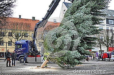 Test For DiabetesCrane lifts and installs a Christmas tree on the town square Editorial Stock Photo