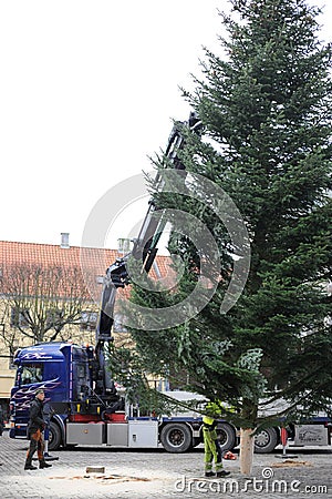 Test For DiabetesCrane lifts and installs a Christmas tree on the town square Editorial Stock Photo