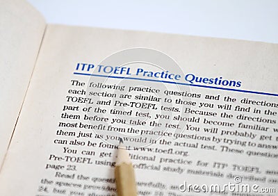 Test of English as a Foreign Language, TOEFL Test sheets. TOEFL exam. TOEFL practice questions. Learning English. English as a sec Stock Photo