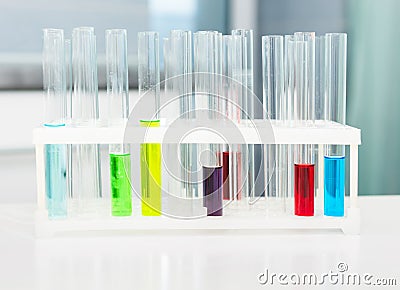 Test glass flask with solution in research Stock Photo