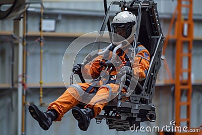 A test pilot in a suit and helmet sitting in an ejection seat. Testing an ejection seat in a special hangar at the Stock Photo