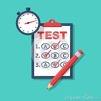 Test time concept. Clipboard with dough form, pencil, and stopwatch Vector Illustration