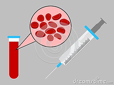 Test tube with blood. Taking blood syringe. Medical research, analysis. Vector Illustration