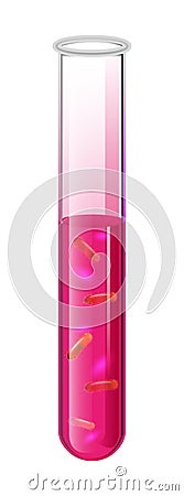 Test tube with liquid and pink bacteria cell. Vector Vector Illustration