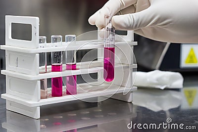 Test tube stand showing Durham`s tube in Sugar media demonstrating gas production by bacteria held in gloved hand. Stock Photo