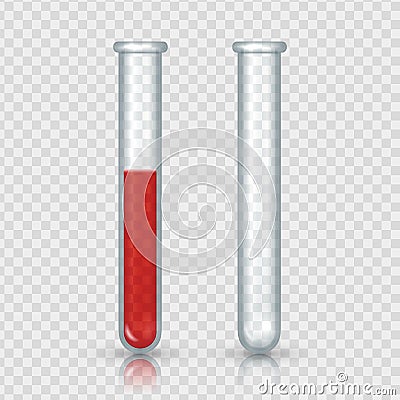 Test tubes with blood. Realistic laboratory equipment. Empty and full glass vials on transparent background. Lab bottle Vector Illustration