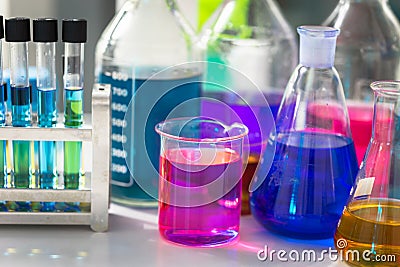 Test tubes with colorful chemicals Stock Photo