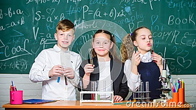 Test tubes with colorful substances. School laboratory. Group school pupils study chemical liquids. Girls and boy Stock Photo