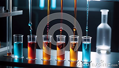 Test tubes filled with different colored liquids show chemical reactions with a wide variety of substances Stock Photo