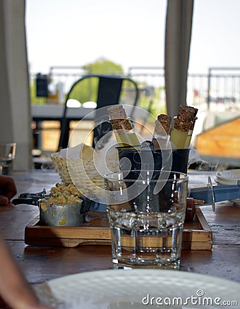 Test tubes filled with yellow water on a food tray Stock Photo