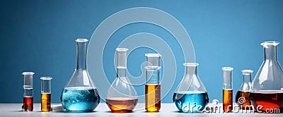 Test tubes and flasks with liquids in close-up on a blue background. Create a simple composition with copy text space elements Stock Photo