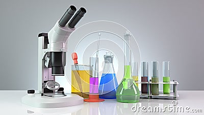 Test tubes and flasks with reagents stand next to the microscope on the mirror floor 3d render Stock Photo